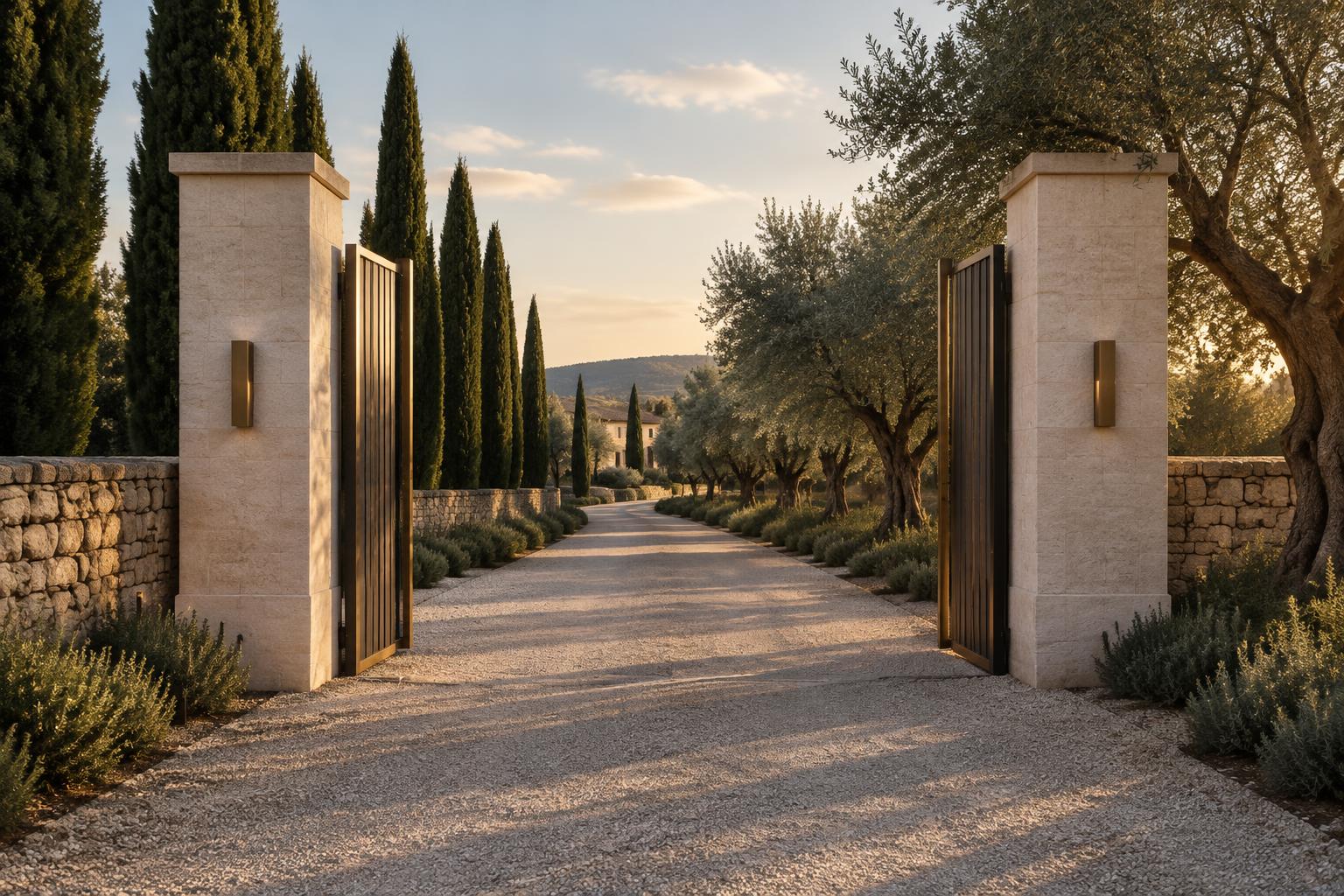 Stone gate piers and a bronze gate opening onto a gravel drive lined with cypress trees